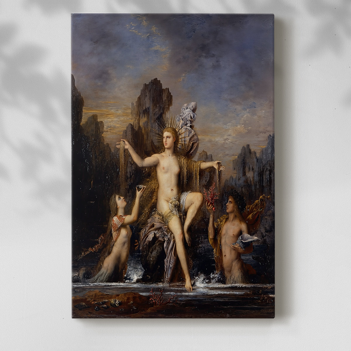 Canvas art print of a mythological composition with water and flowing forms with a soft shadow on a white background.