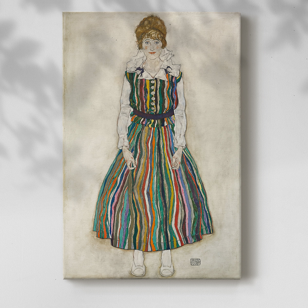 Canvas art print of a figure with elongated form and muted expressive tones with a soft shadow on a white background.