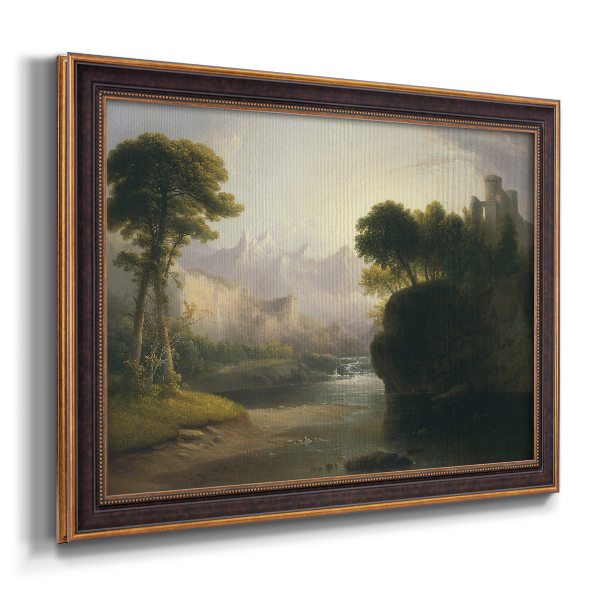 Romantic autumn landscape along the Hudson River by Thomas Doughty printed on canvas in an ornate bronzed mahogany wood frame.