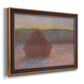 Impressionist haystack sunset scene in winter by Claude Monet printed on canvas in an ornate bronzed mahogany wood frame.