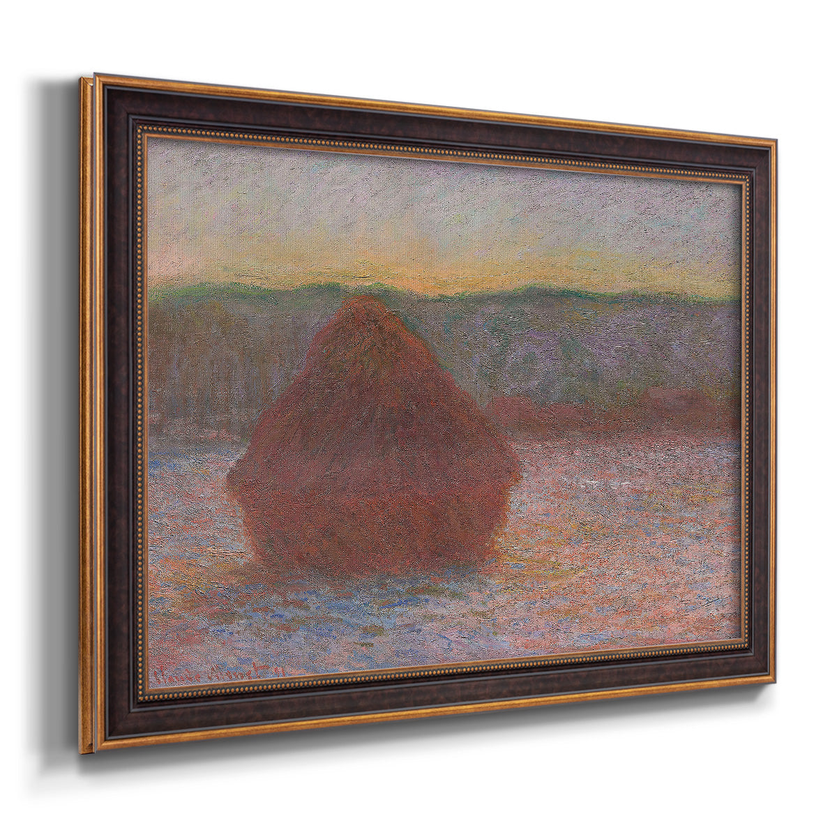Impressionist haystack sunset scene in winter by Claude Monet printed on canvas in an ornate bronzed mahogany wood frame.
