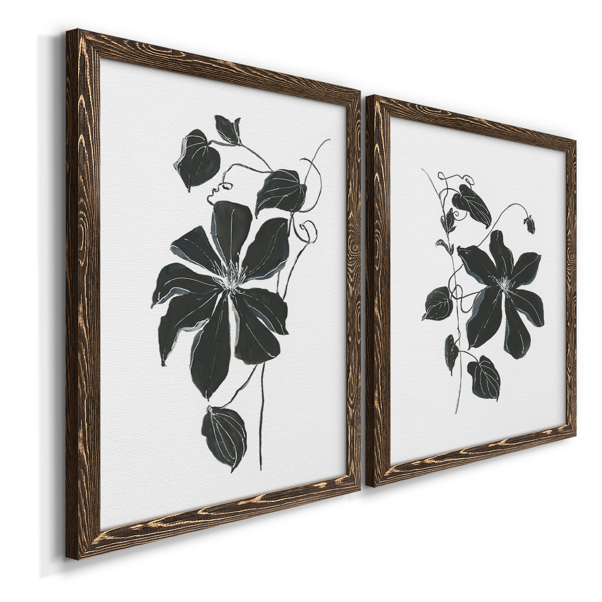 Angled view of a set of two walnut barnwood framed canvas prints featuring two minimalist botanical prints featuring black leafy vine silhouettes.