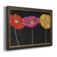Contemporary poppy flower artwork printed on canvas in an ornate mahogany wood frame with gold liner.