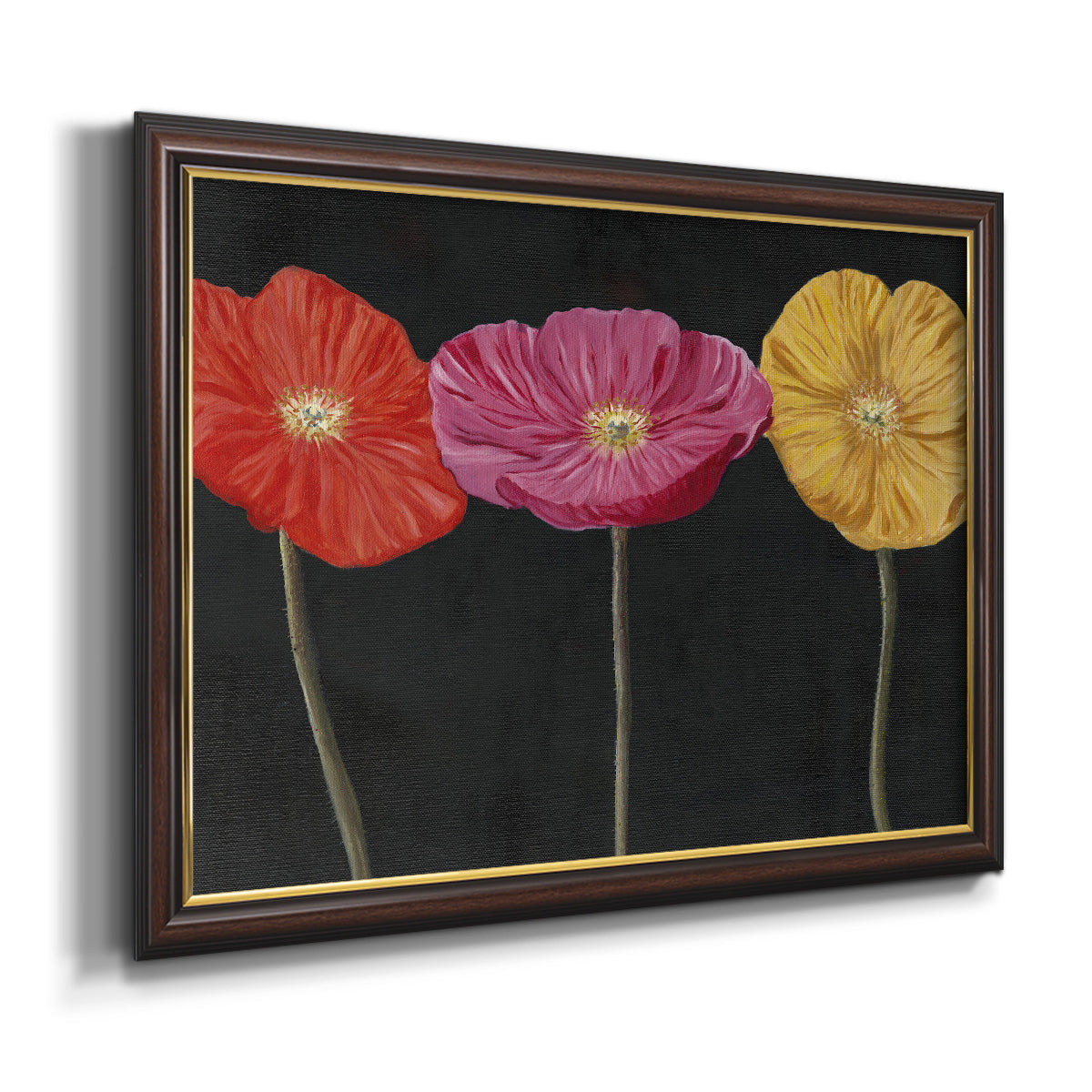 Contemporary poppy flower artwork printed on canvas in an ornate mahogany wood frame with gold liner.