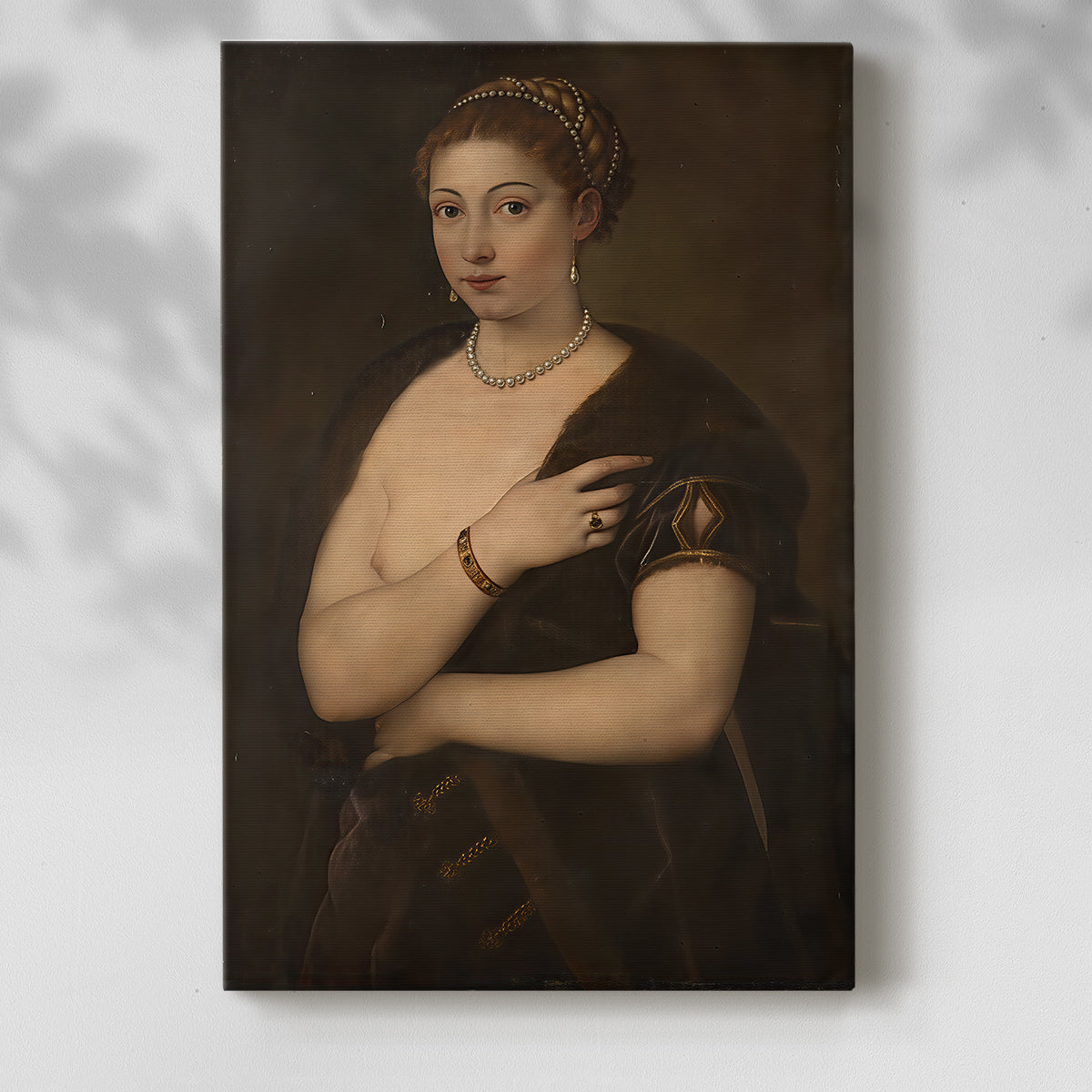 Canvas art print of a refined figure with warm tones and gentle expression with a soft shadow on a white background.