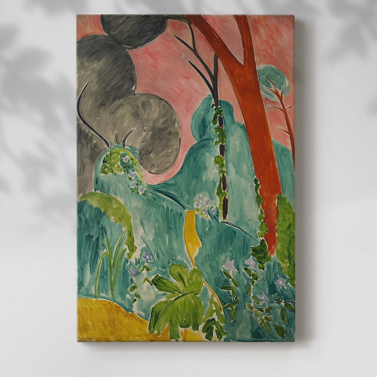 Canvas art print of a bold landscape with dense plant life and vivid tones with a soft shadow on a white background.