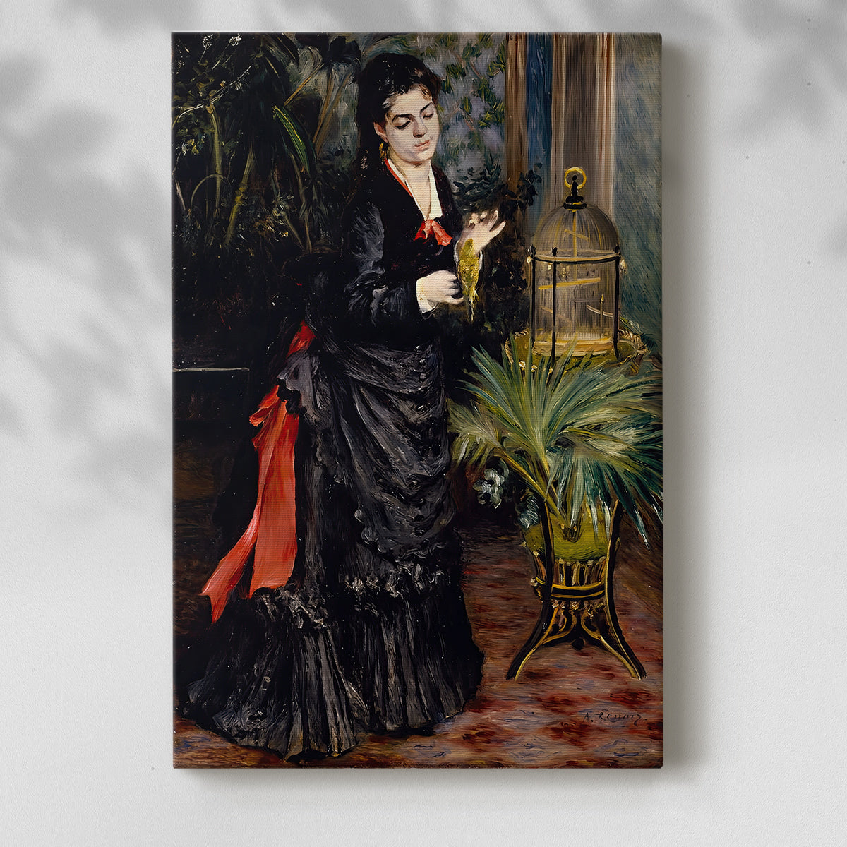 Canvas art print of a figure beside a bird with rich greenery and soft tones with a soft shadow on a white background.