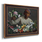 Traditional portrait of a woman holding peonies by Frédéric Bazille printed on canvas in an ornate bronzed mahogany wood frame.