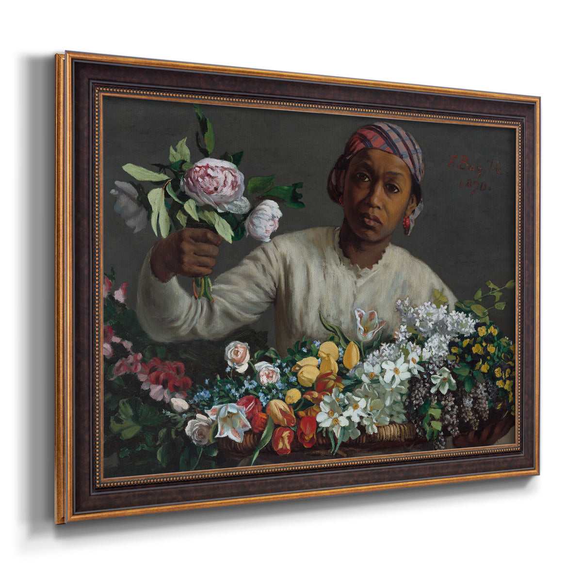 Traditional portrait of a woman holding peonies by Frédéric Bazille printed on canvas in an ornate bronzed mahogany wood frame.