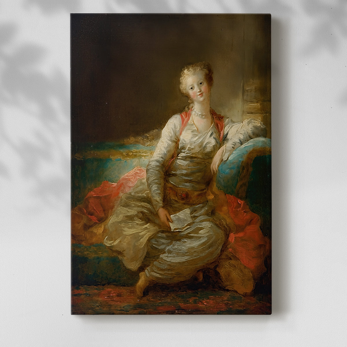 Canvas art print of a decorative scene with flowing garments and warm tones with a soft shadow on a white background.