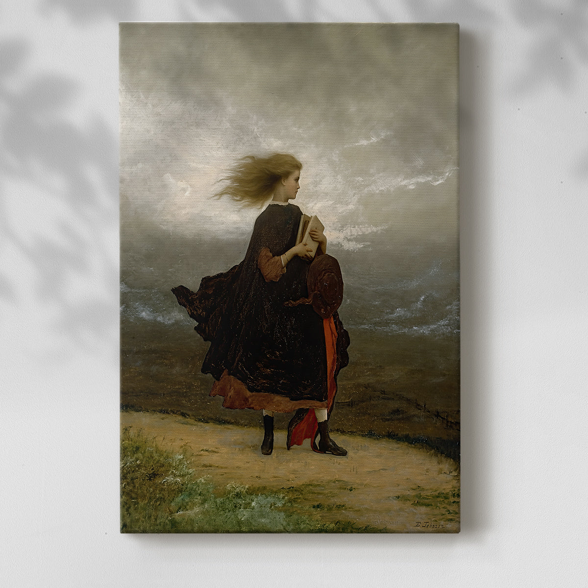 Canvas art print of a solitary figure in soft natural light with subdued tones with a soft shadow on a white background.