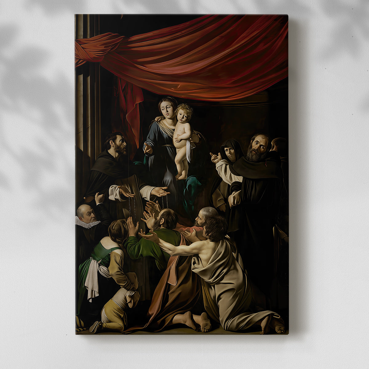 Canvas art print of a religious composition with multiple figures in dramatic light with a soft shadow on a white background.