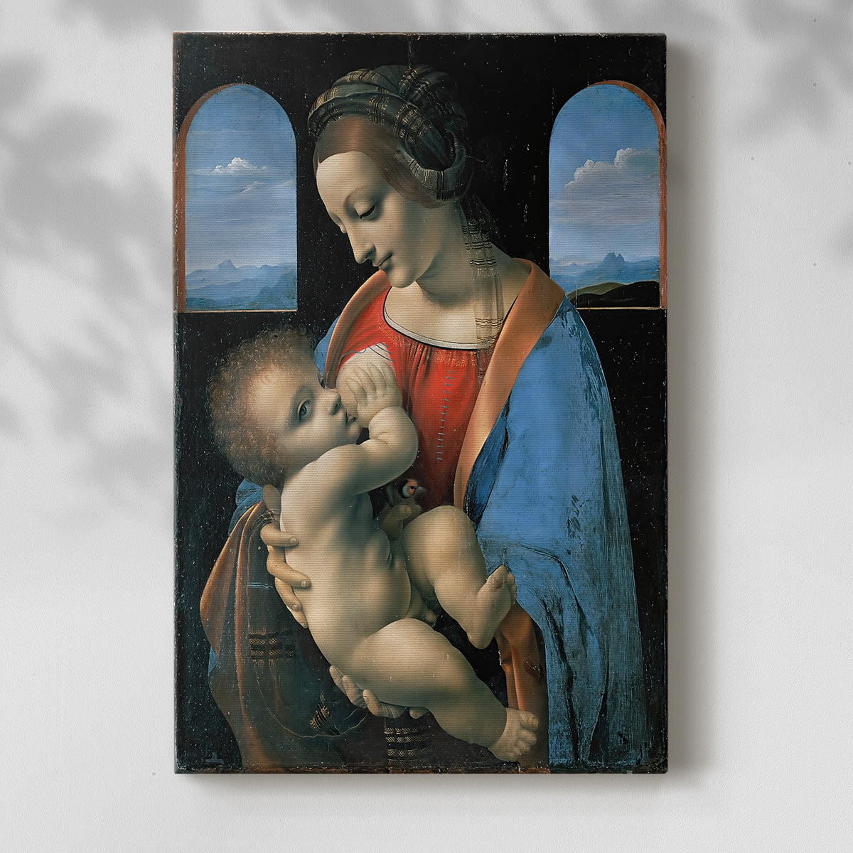 Canvas art print of a serene composition with gentle interaction and smooth tones with a soft shadow on a white background.