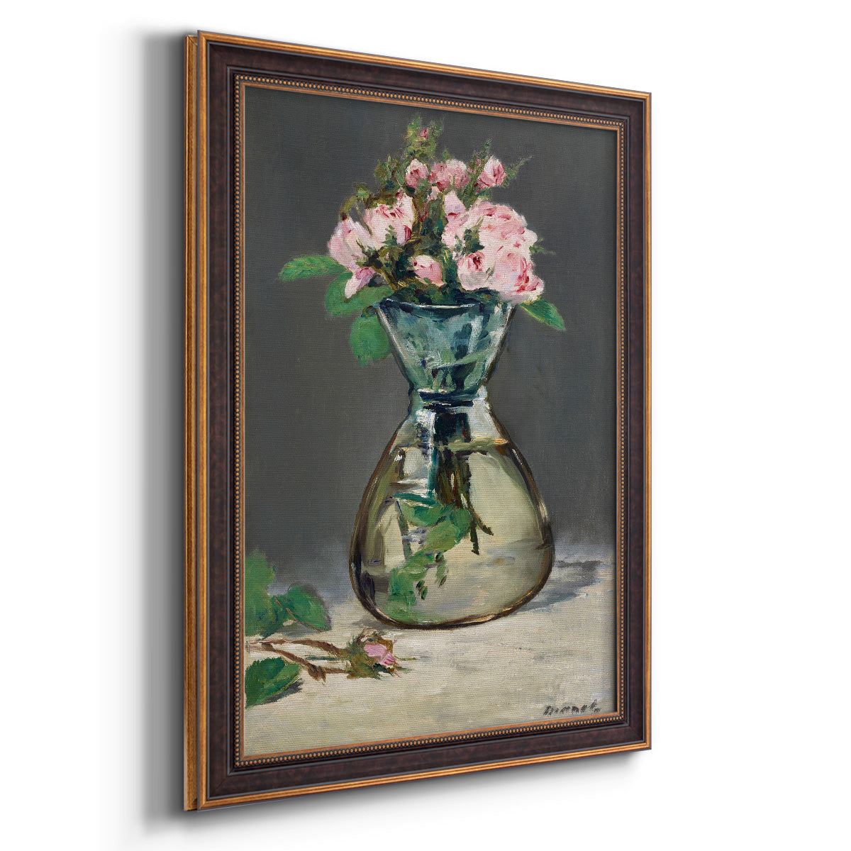 Moss Roses in a Vase - Ornate Framed Canvas Print