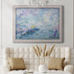 Impressionist industrial harbor scene by Paul Signac in an ornate weathered white frame displayed in a neutral-toned interior setting.