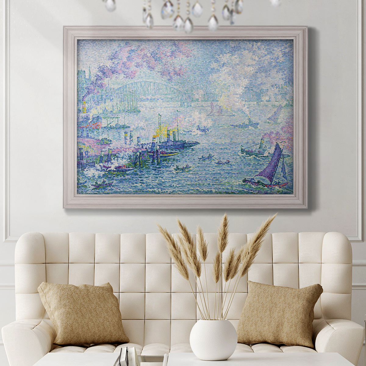 Impressionist industrial harbor scene by Paul Signac in an ornate weathered white frame displayed in a neutral-toned interior setting.