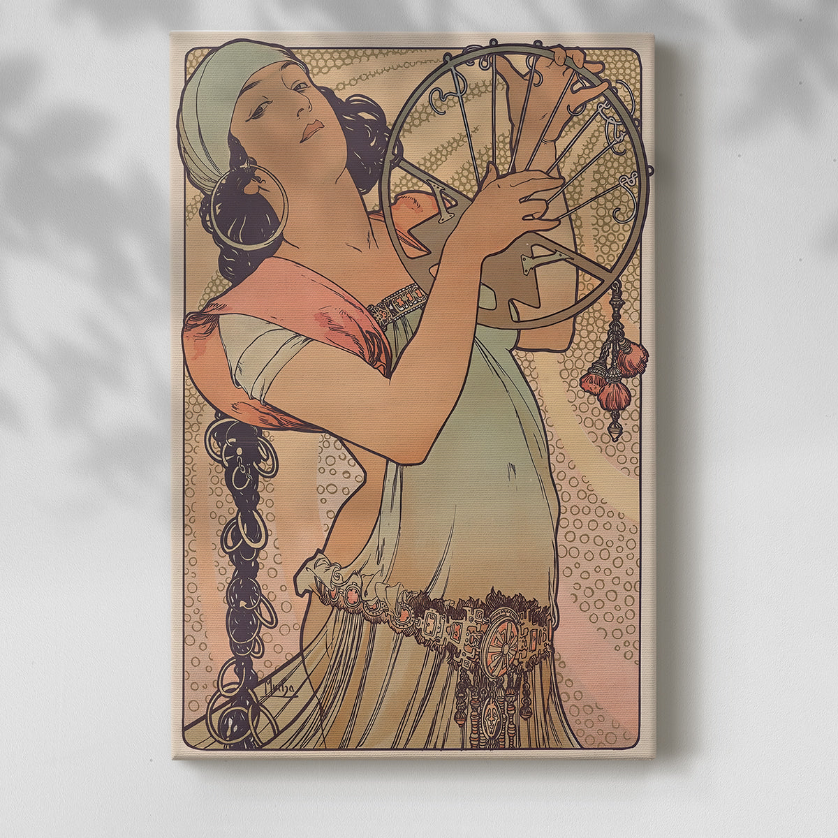 Canvas art print of a stylized female figure surrounded by intricate floral patterns with a soft shadow on a white background.