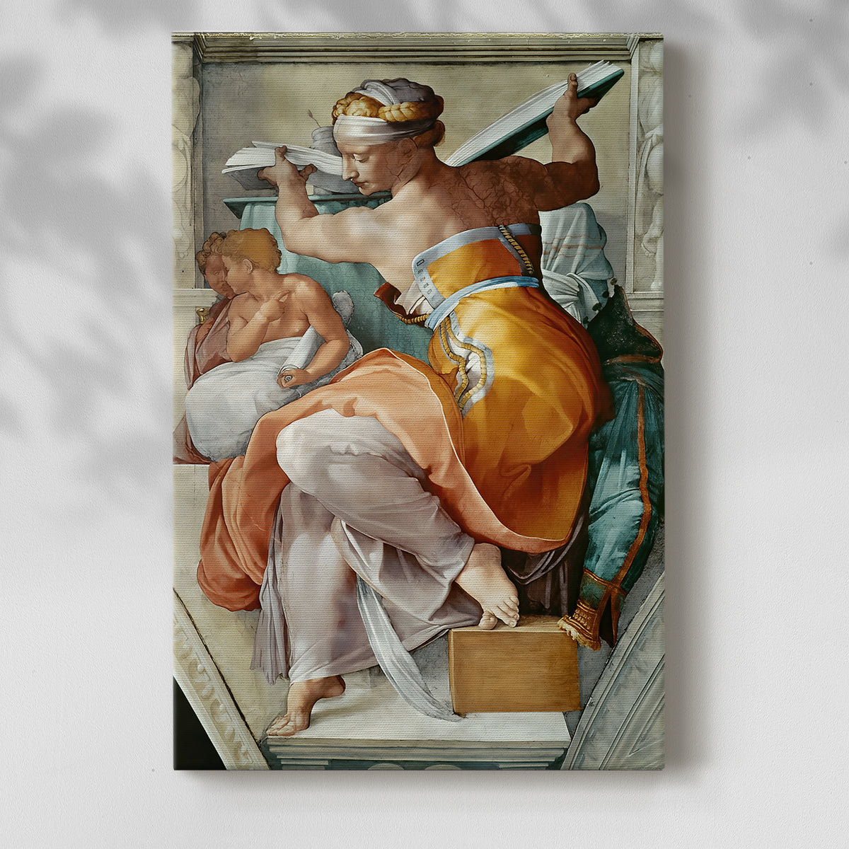 Canvas art print of a classical figure with strong anatomy and flowing drapery with a soft shadow on a white background.