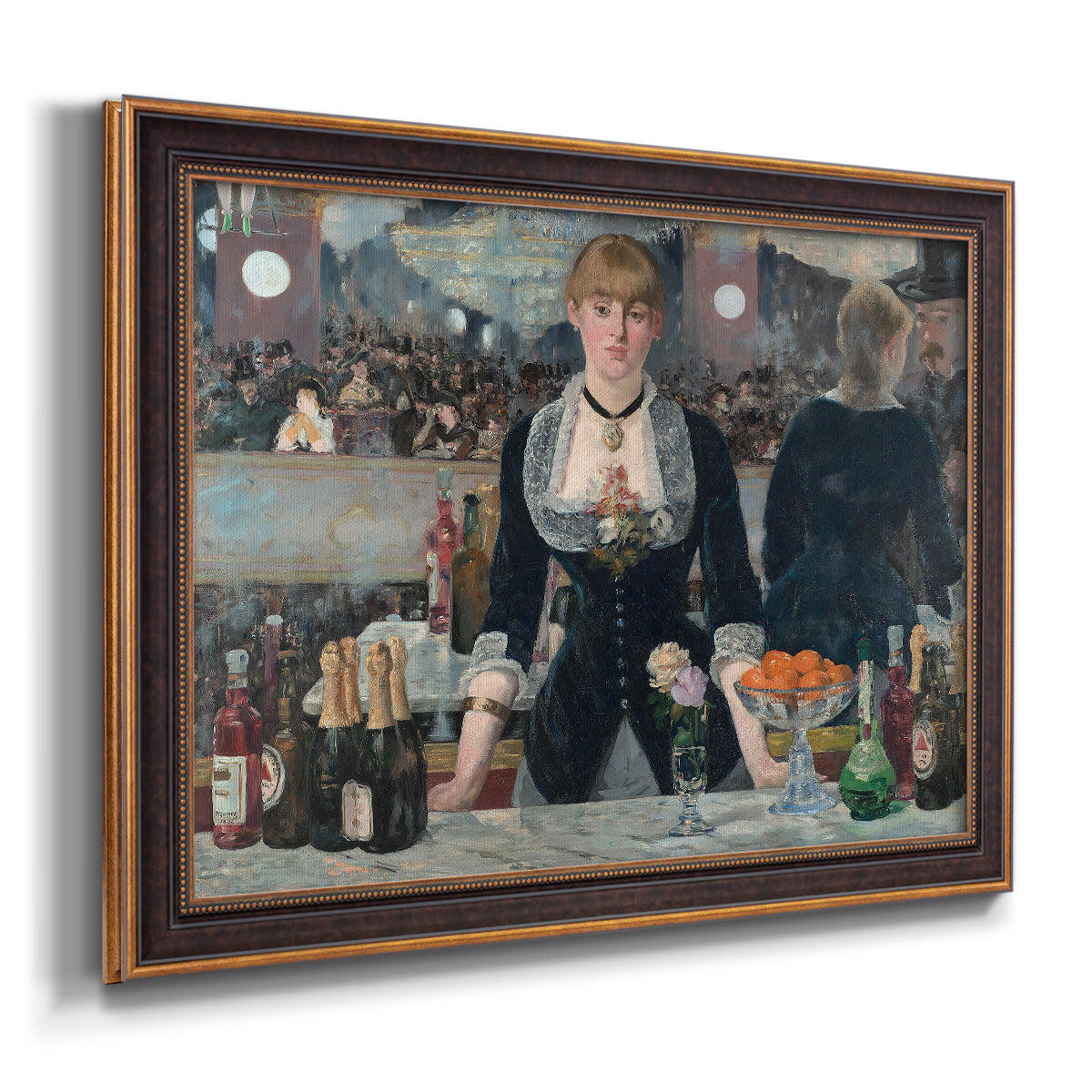 Iconic impressionist café bar scene by Édouard Manet printed on canvas in an ornate bronzed mahogany wood frame.