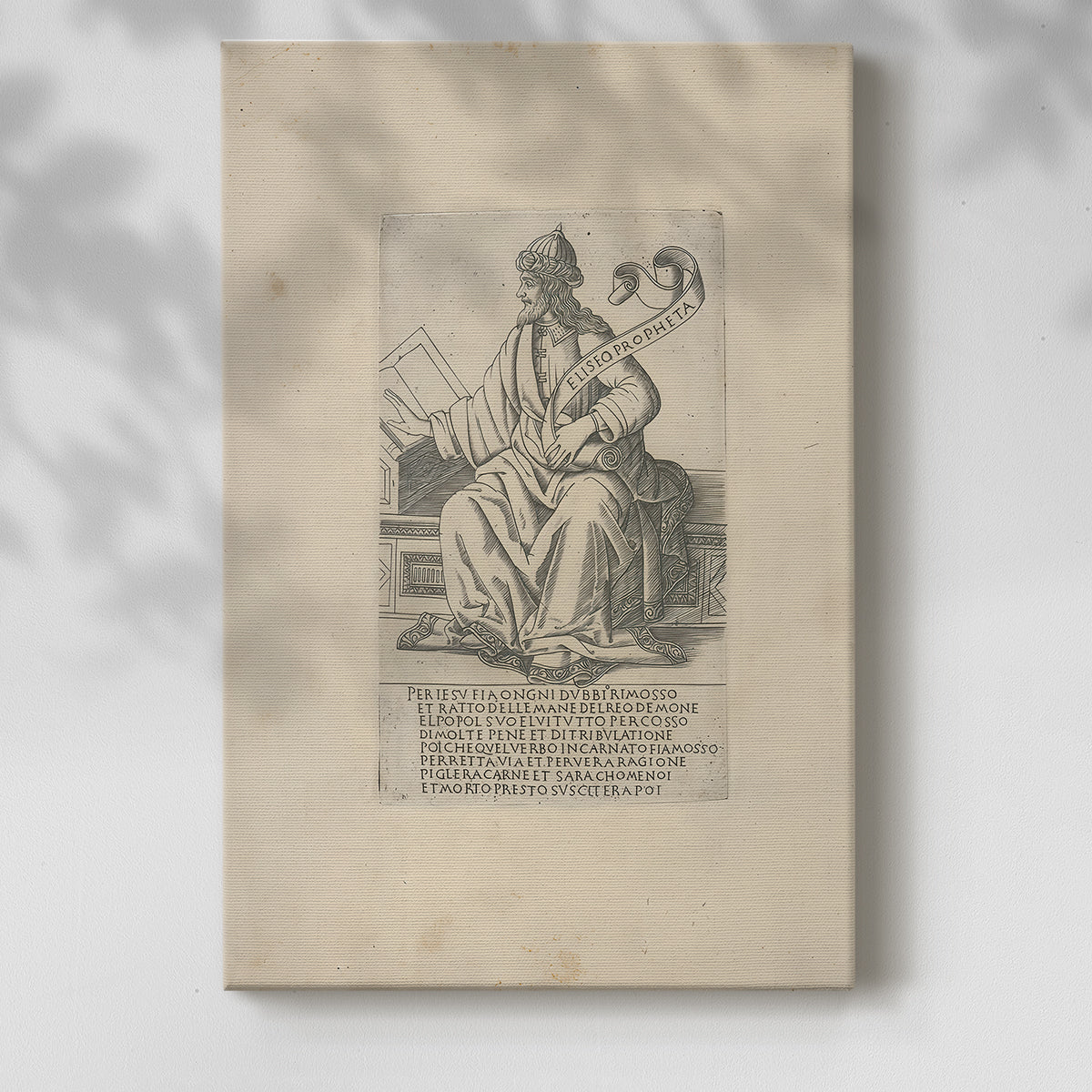 Canvas art print of a classical figure with etched lines and simple composition with a soft shadow on a white background.