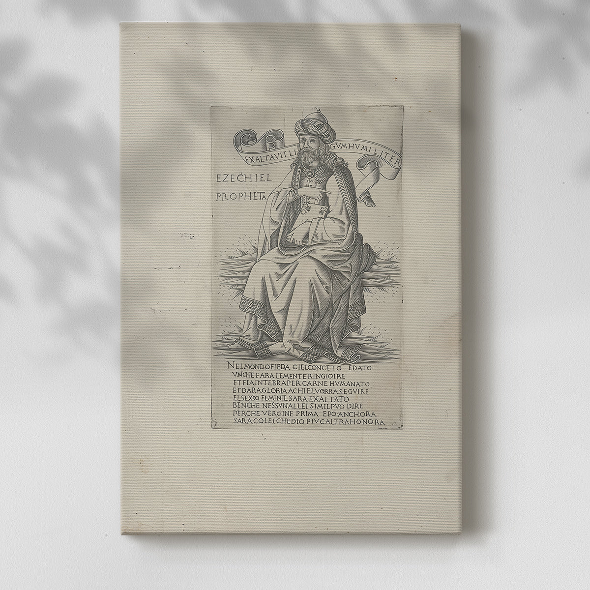 Canvas art print of a classical illustration with etched texture and balanced form with a soft shadow on a white background.