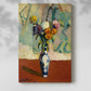 Canvas art print of a floral arrangement with bold tones and patterned container with a soft shadow on a white background.