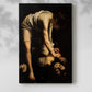 Canvas art print of a figure holding a severed head with strong light and dark tones with a soft shadow on a white background.