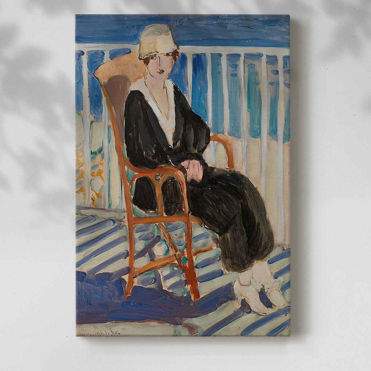 Canvas art print of a stylized figure with sea view and bold color contrast with a soft shadow on a white background.