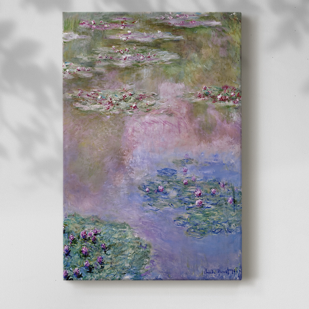 Canvas art print of a tranquil pond with soft reflections and layered color with a soft shadow on a white background.