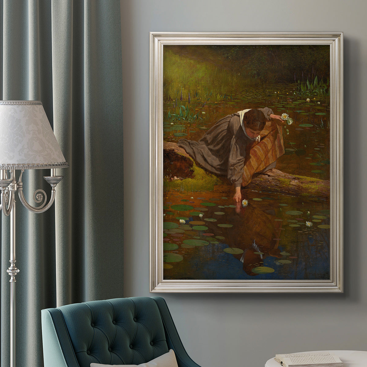 Realist genre painting of figures gathering lilies by Eastman Johnson in an ornate champagne frame displayed in a neutral interior setting.