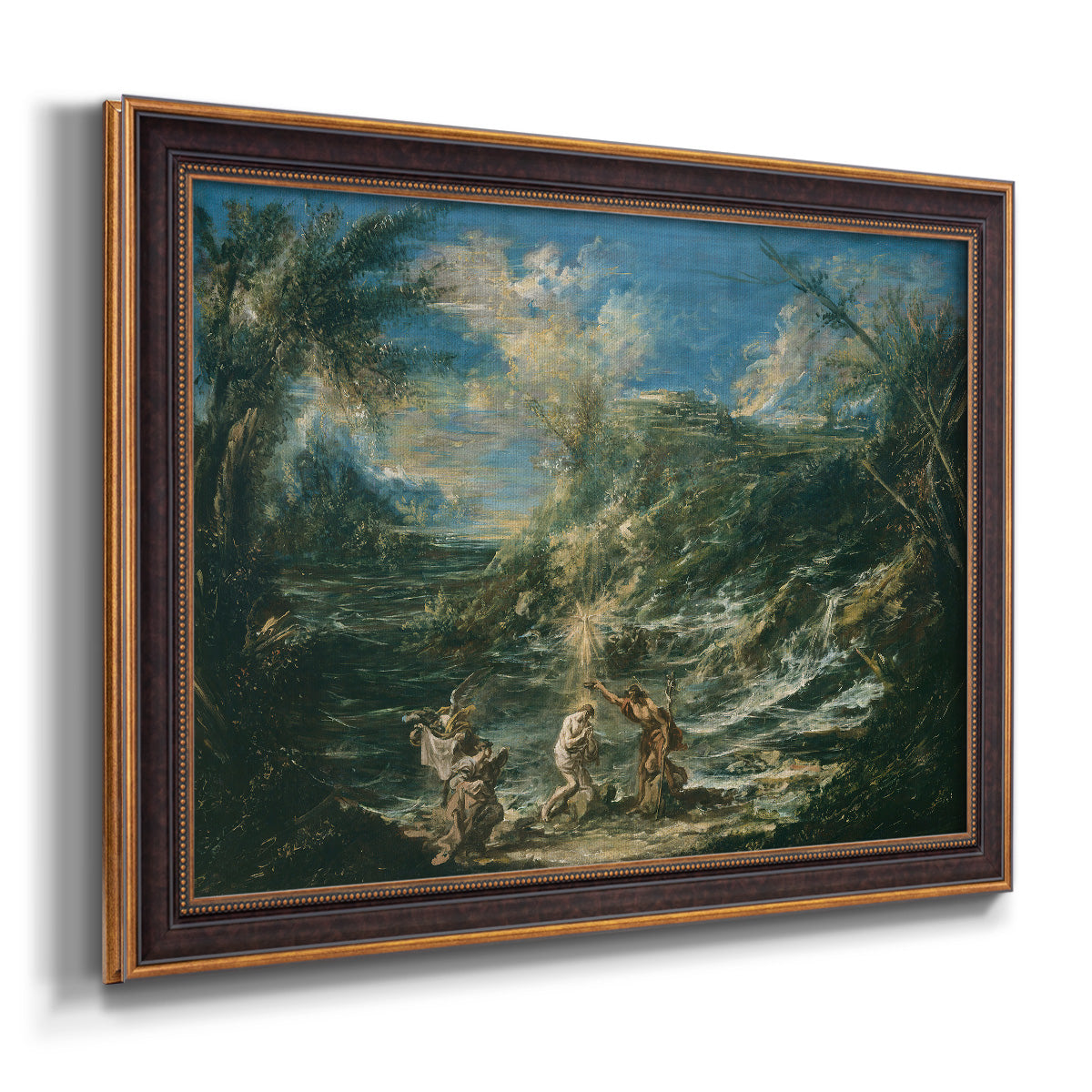Religious landscape depicting the baptism of Christ by Alessandro Magnasco printed on canvas in an ornate bronzed mahogany wood frame.