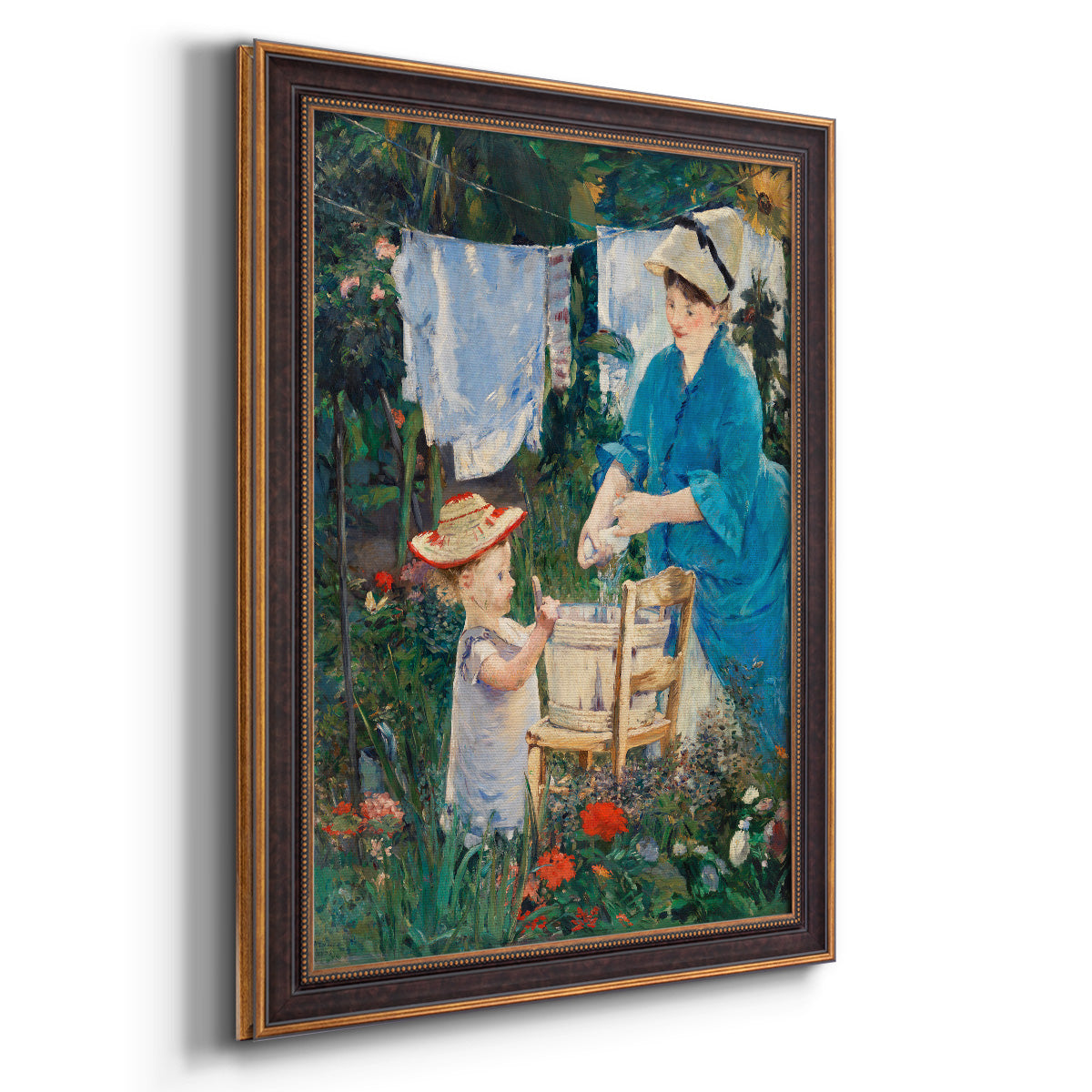 Intimate domestic genre scene by Édouard Manet printed on canvas in an ornate bronzed mahogany wood frame with a vertical orientation.