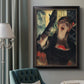 Impressionist portrait of a café singer by Edgar Degas in an ornate black frame with gilded inner detail displayed in a neutral interior setting.