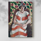 Canvas art print of a stylized figure with bright color and simplified form with a soft shadow on a white background.