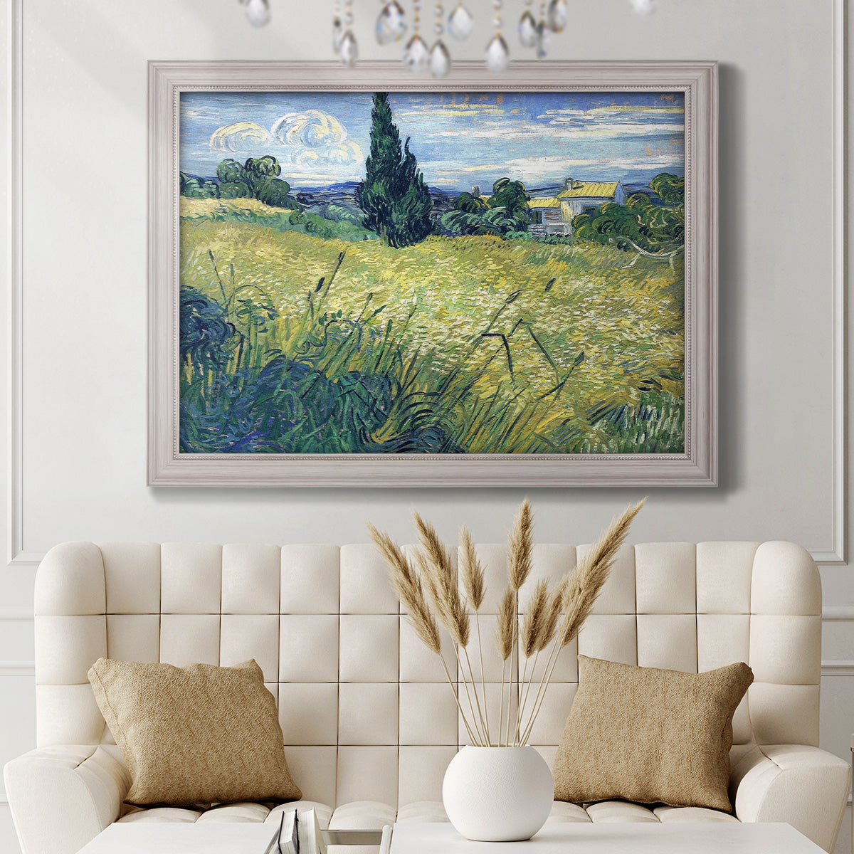 Green Wheat Field with Cypress - Ornate Framed Canvas Print