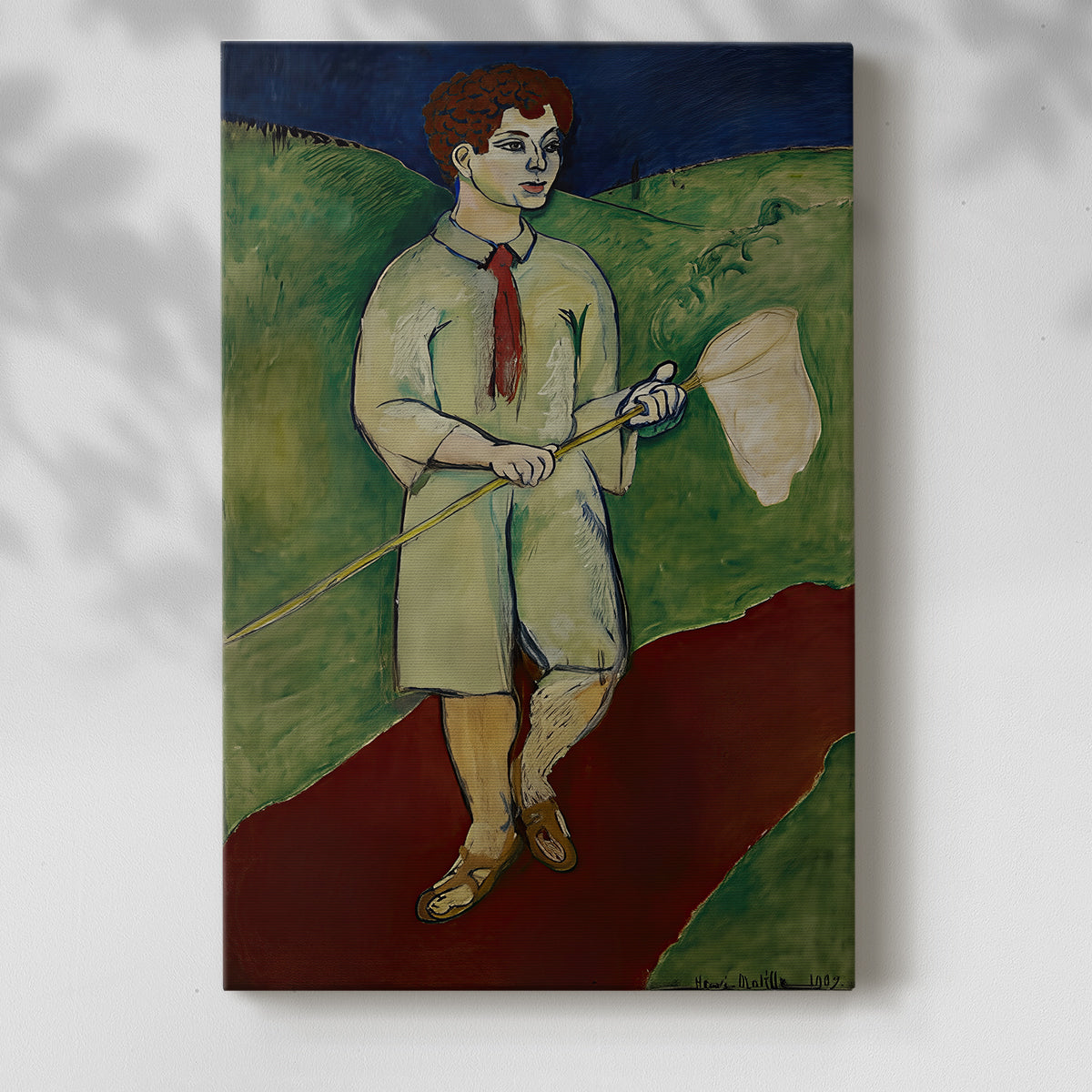 Canvas art print of a playful composition with a child and bold color tones with a soft shadow on a white background.