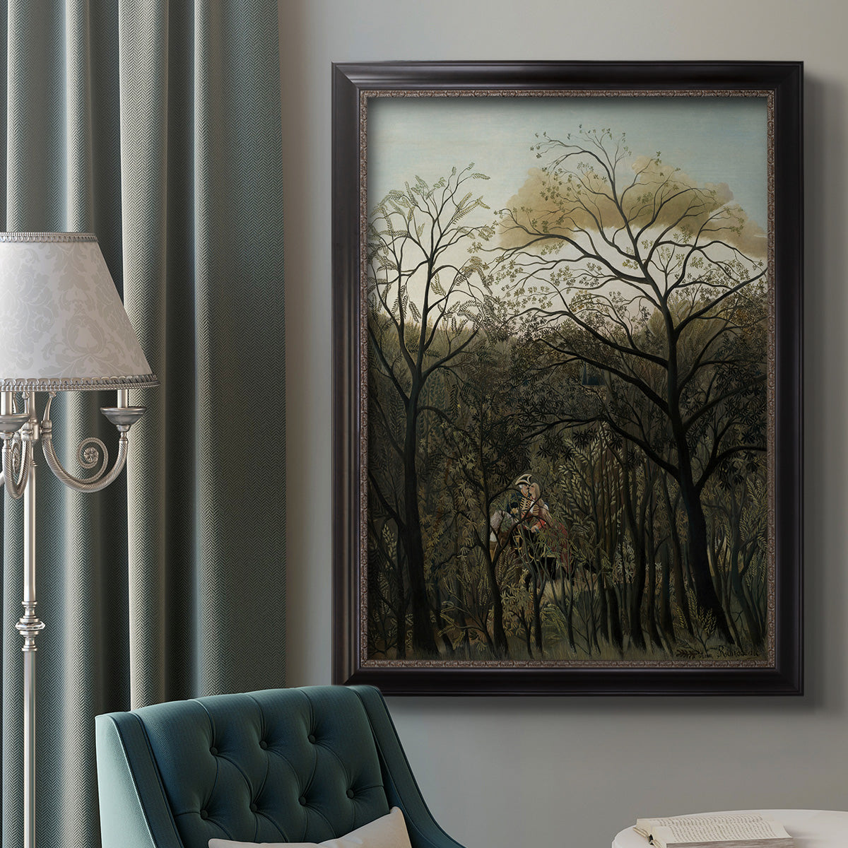 Dreamlike forest landscape scene by Henri Rousseau in an ornate black frame with gilded inner detail displayed in a neutral interior setting.