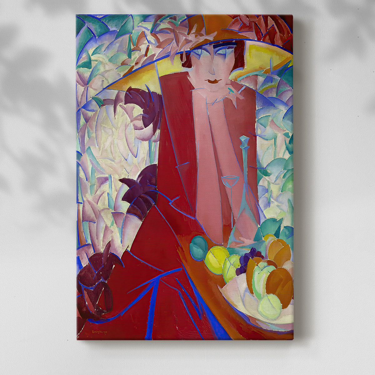 Canvas art print of a stylized figure with bold tones and geometric structure with a soft shadow on a white background.
