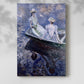 Canvas art print of a peaceful boating scene with figures and soft reflections with a soft shadow on a white background.