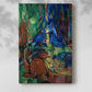 Canvas art print of a geometric forest composition with animals and vivid tones with a soft shadow on a white background.