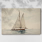 Sailboat gliding across calm waters under a cloudy sky during daytime in a coastal setting