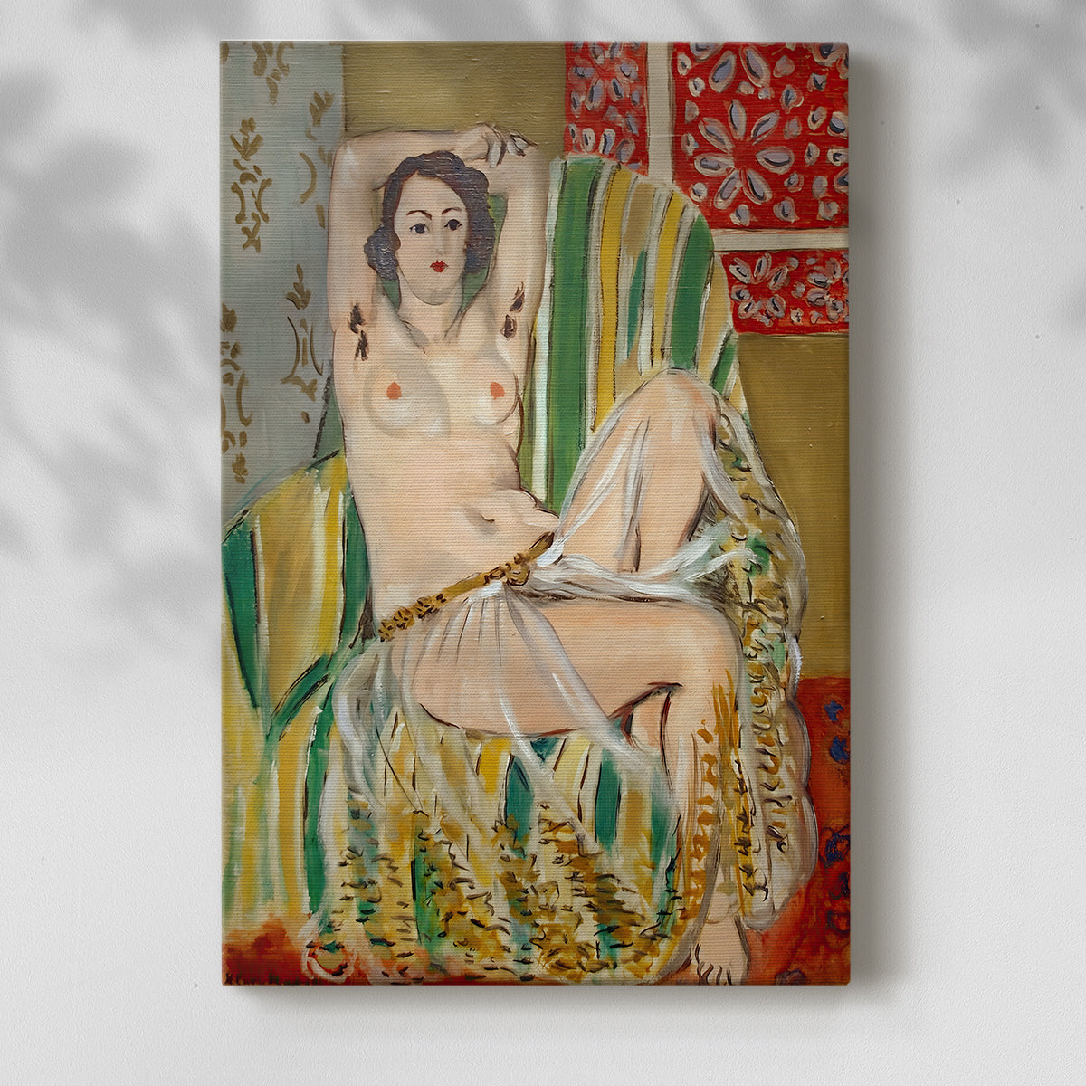 Canvas art print of a stylized figure with bold textiles and vibrant tones with a soft shadow on a white background.