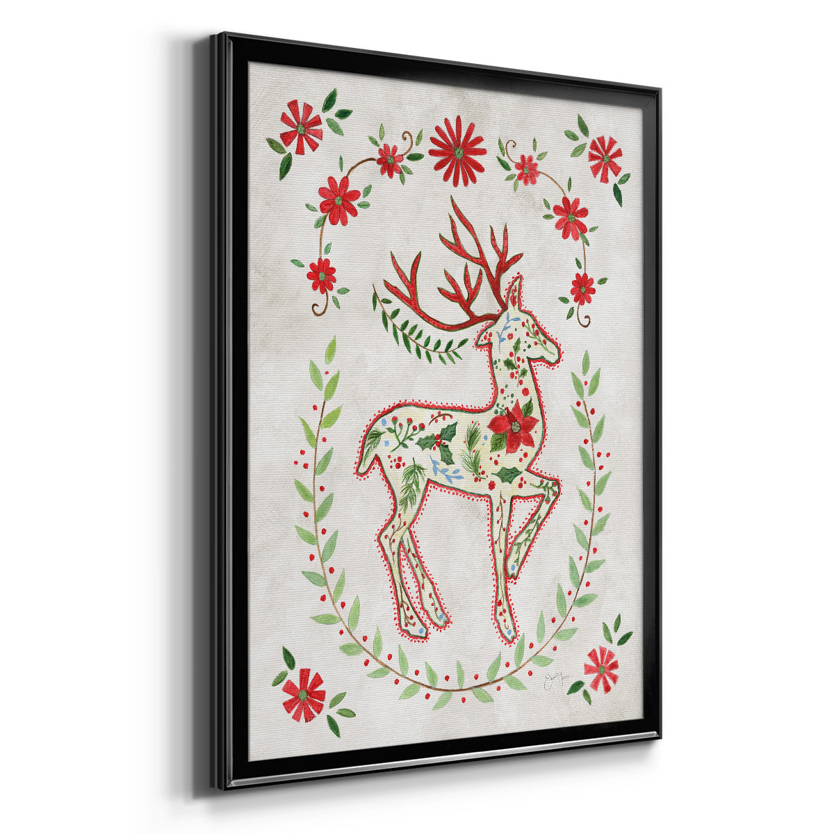 Christmas Folk Reindeer - Modern Framed Canvas Print