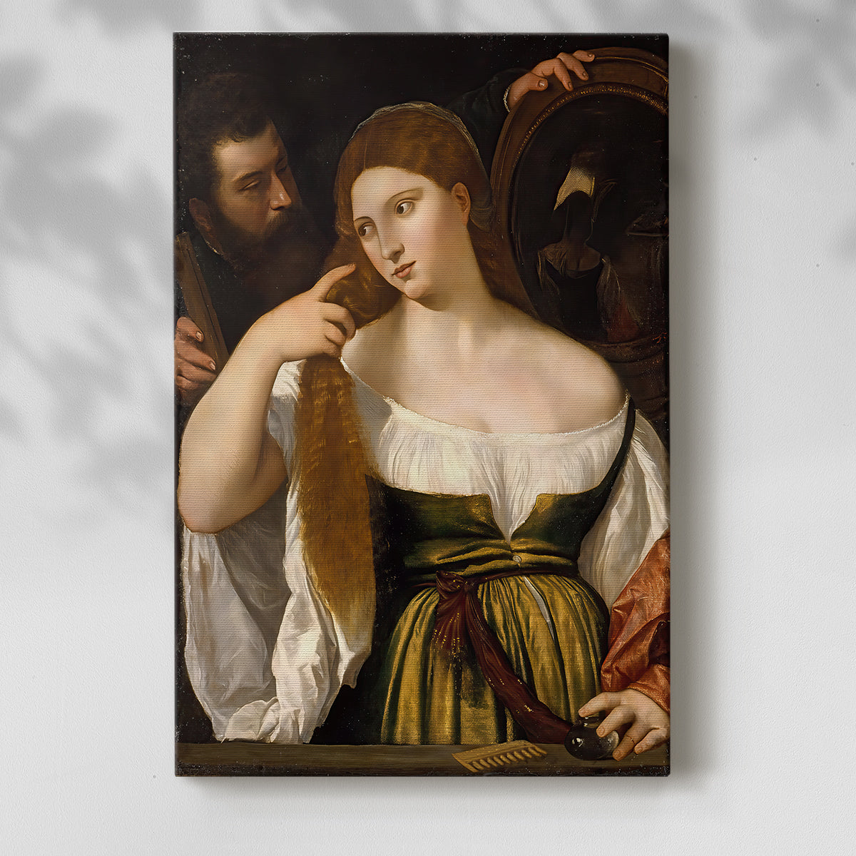 Canvas art print of a refined figure with reflective object and soft light with a soft shadow on a white background.