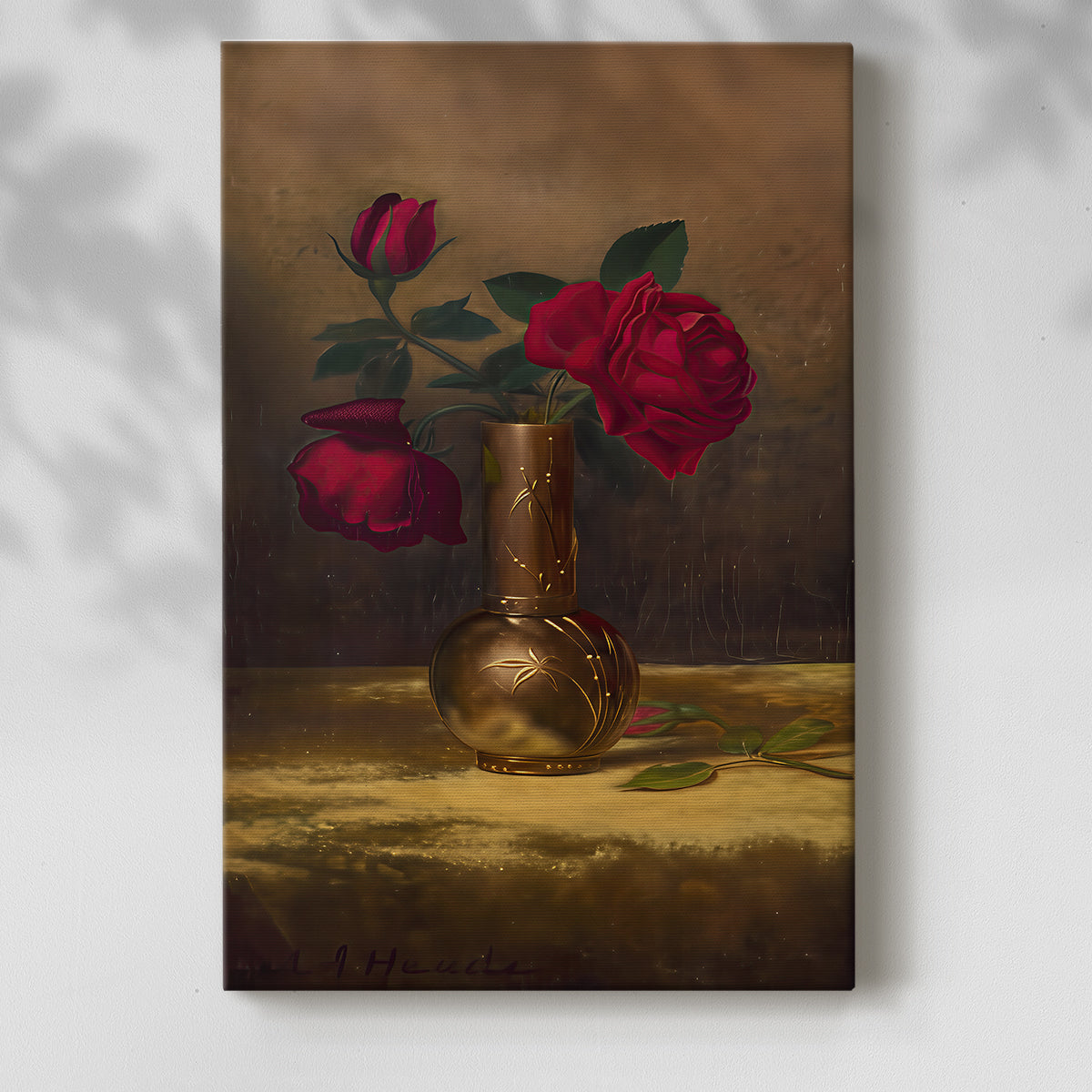 Canvas art print of a rich composition with flowers and textured fabric with a soft shadow on a white background.