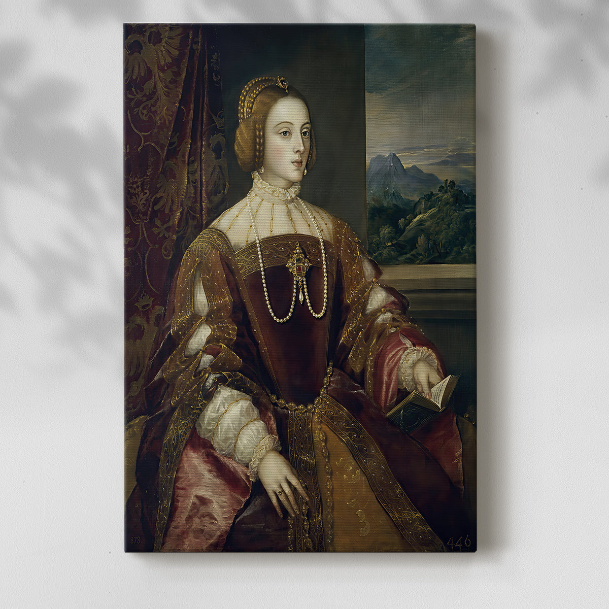 Canvas art print of a refined figure with detailed fabric and calm expression with a soft shadow on a white background.