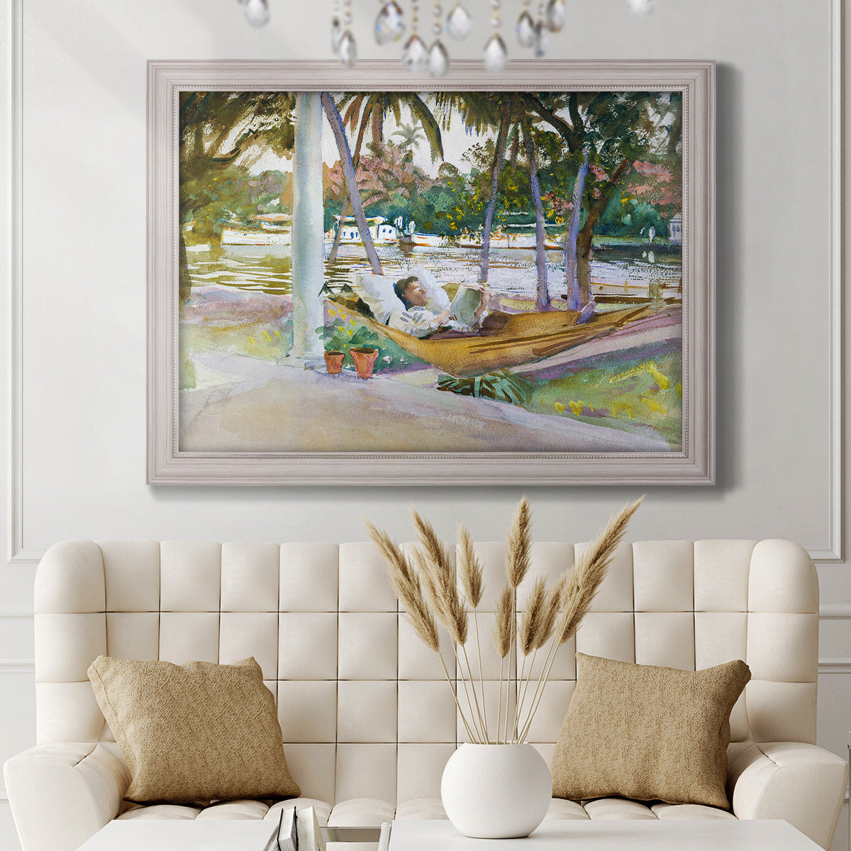 Impressionist leisure portrait scene by John Singer Sargent in an ornate weathered white frame displayed in a neutral-toned interior setting.