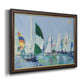 Coastal harbor watercolor painting printed on canvas in an ornate mahogany wood frame with gold liner.