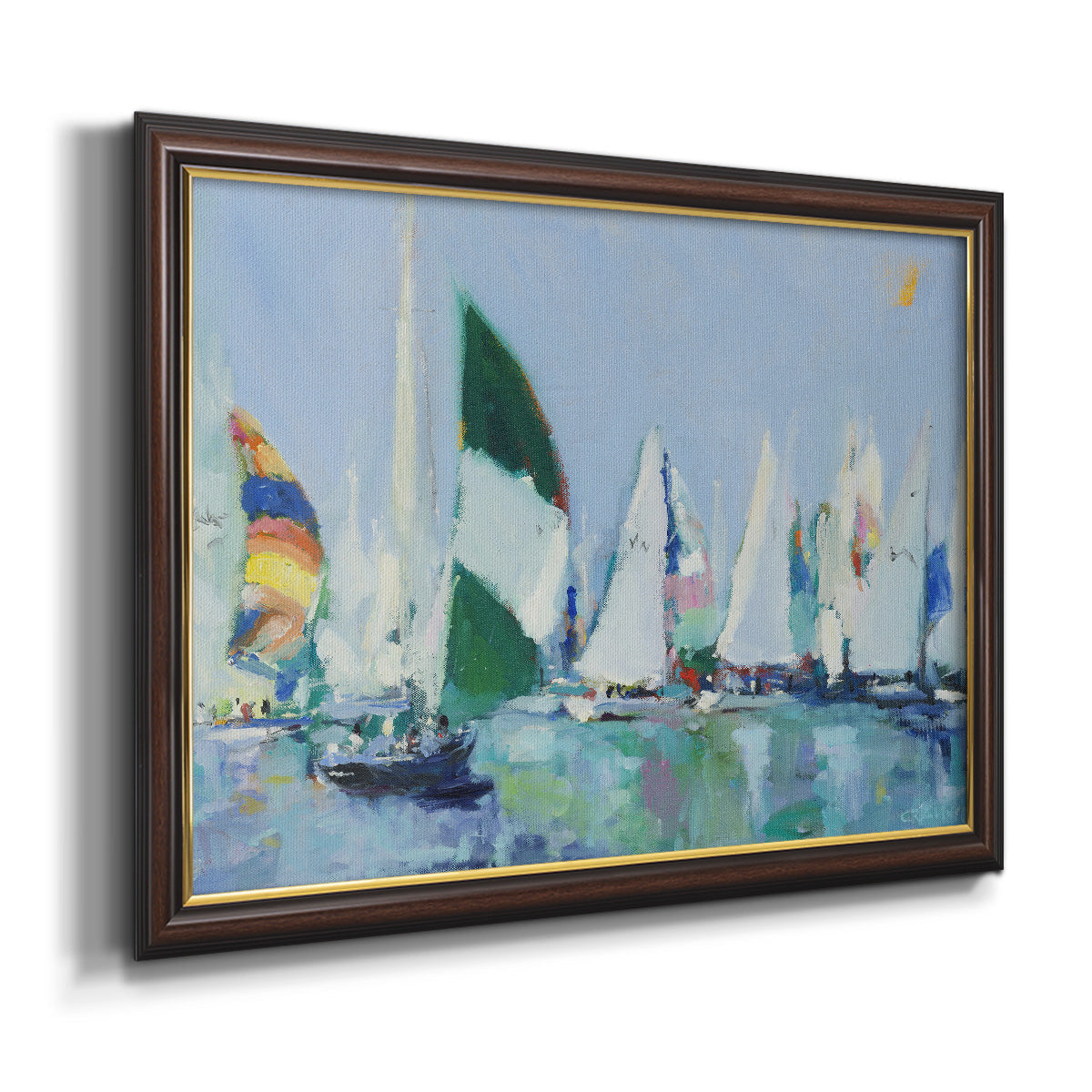 Coastal harbor watercolor painting printed on canvas in an ornate mahogany wood frame with gold liner.