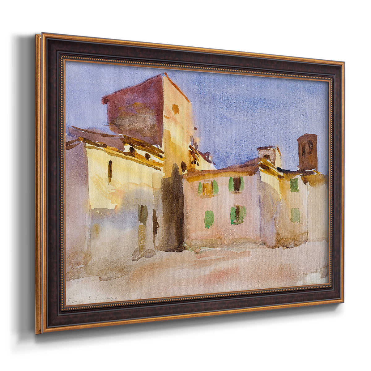 Impressionist Italian village scene by John Singer Sargent printed on canvas in an ornate bronzed mahogany wood frame.